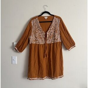 Garnet Hill Medium Cotton Gauze Dress‎ Embroidered Tassel Orange White